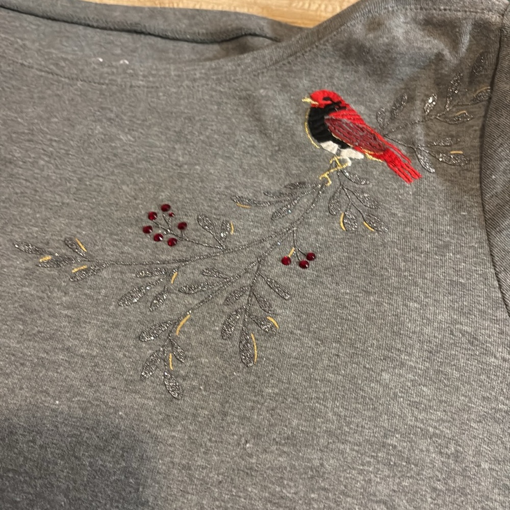 Croft and Barrow tee, gold, silver, red rhinestones with an embroidered bird